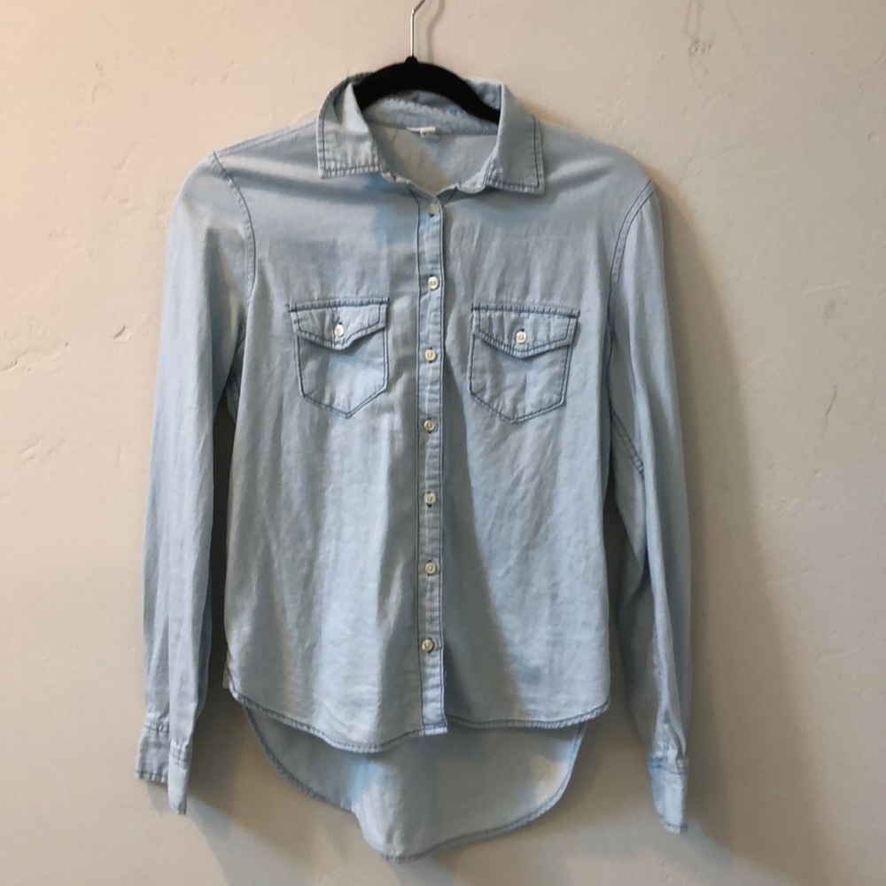 blue button up long sleeve shirt